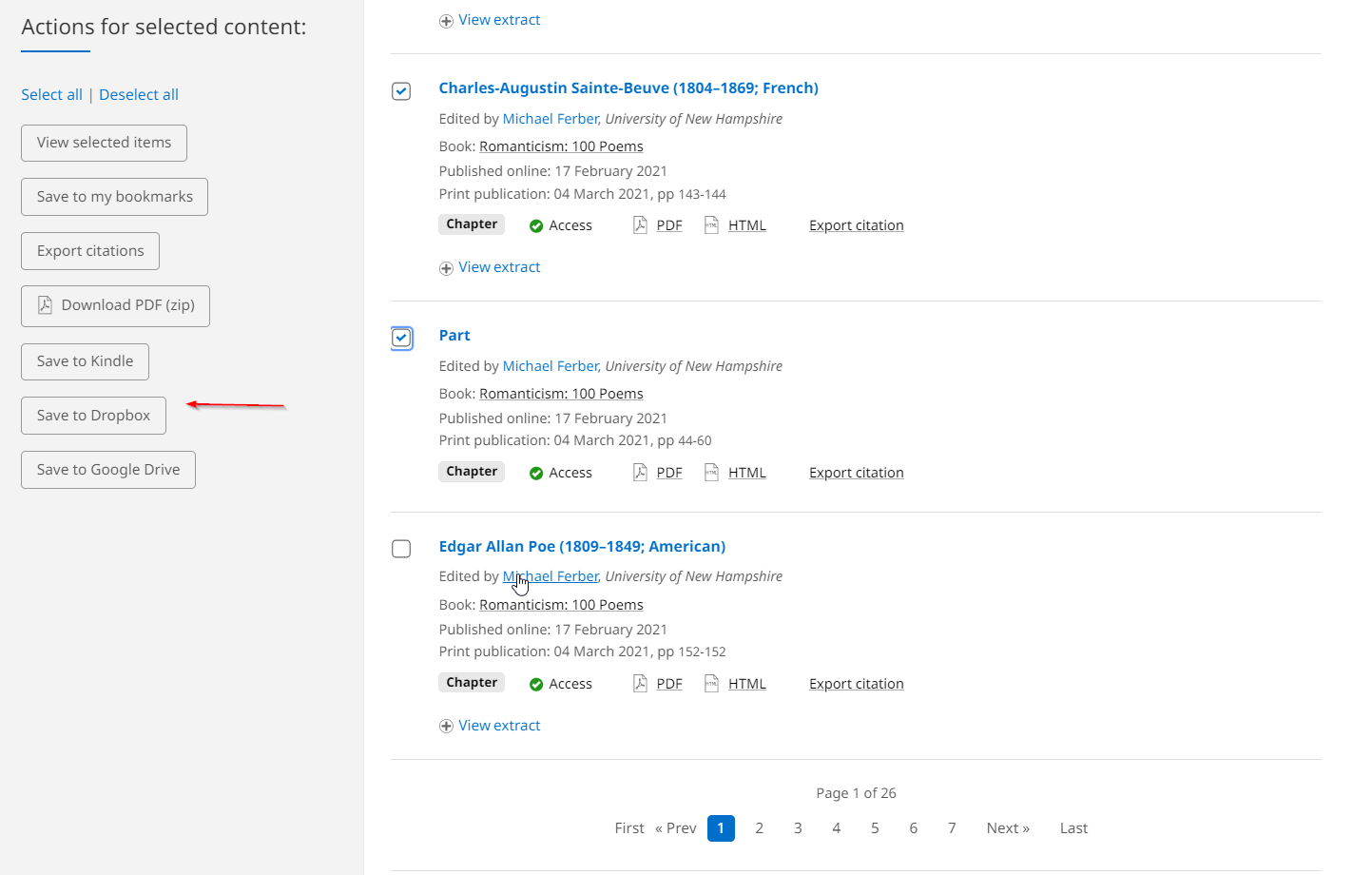 Screenshot showing how to save book to Dropbox