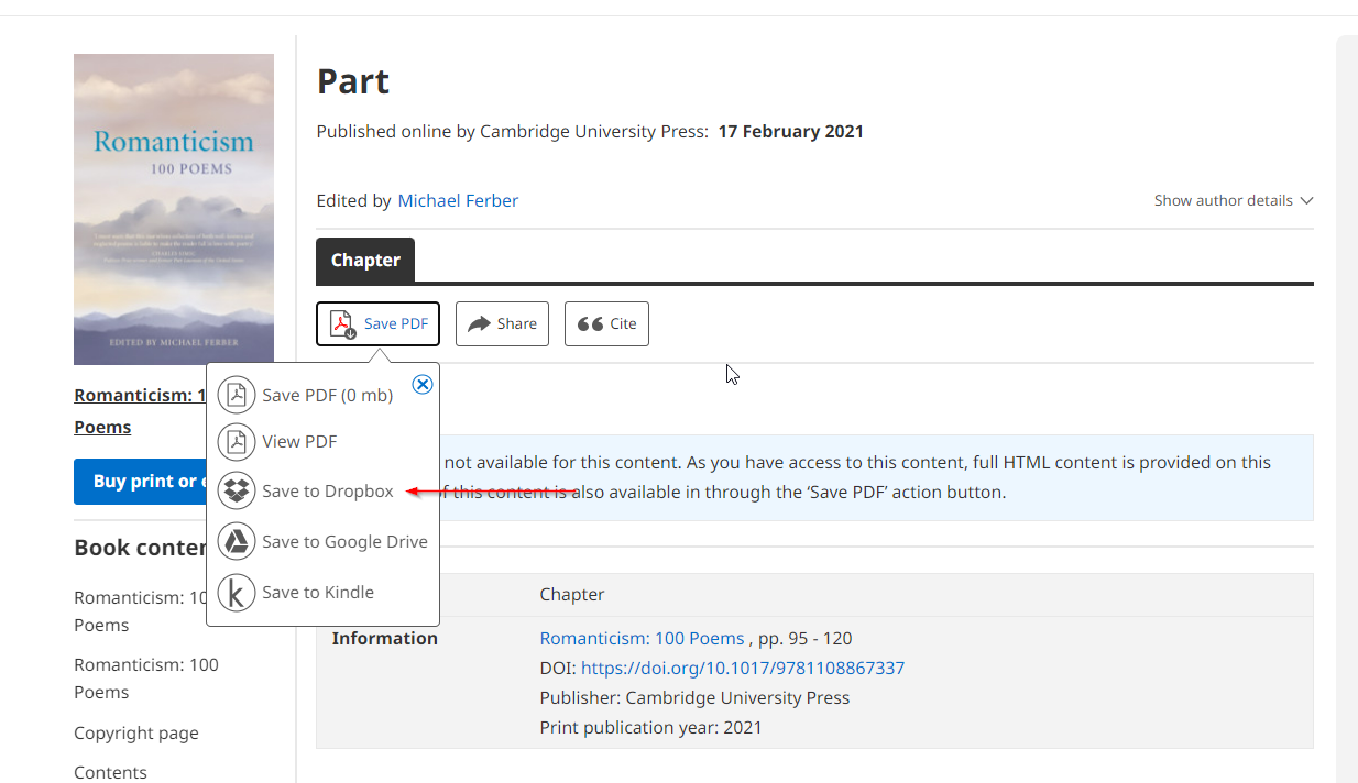 Screenshot showing how to save chapter to Dropbox on search results