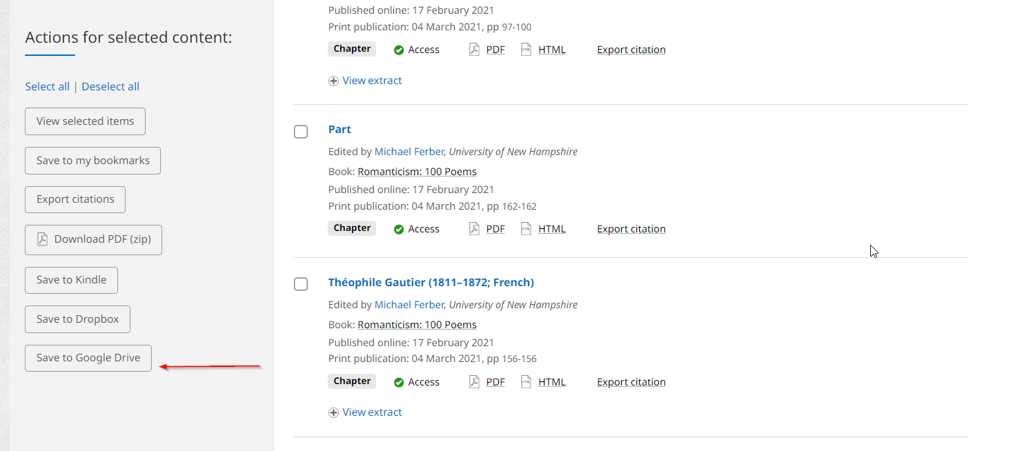 Screenshot showing how to save chapter to Google Drive on search results