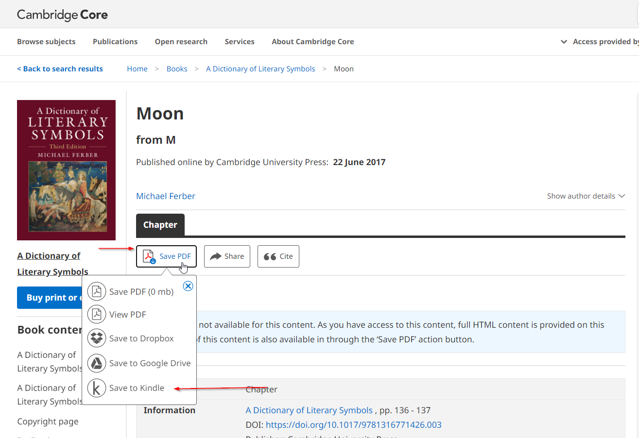 Screenshot showing how to save chapter to Kindle on search results