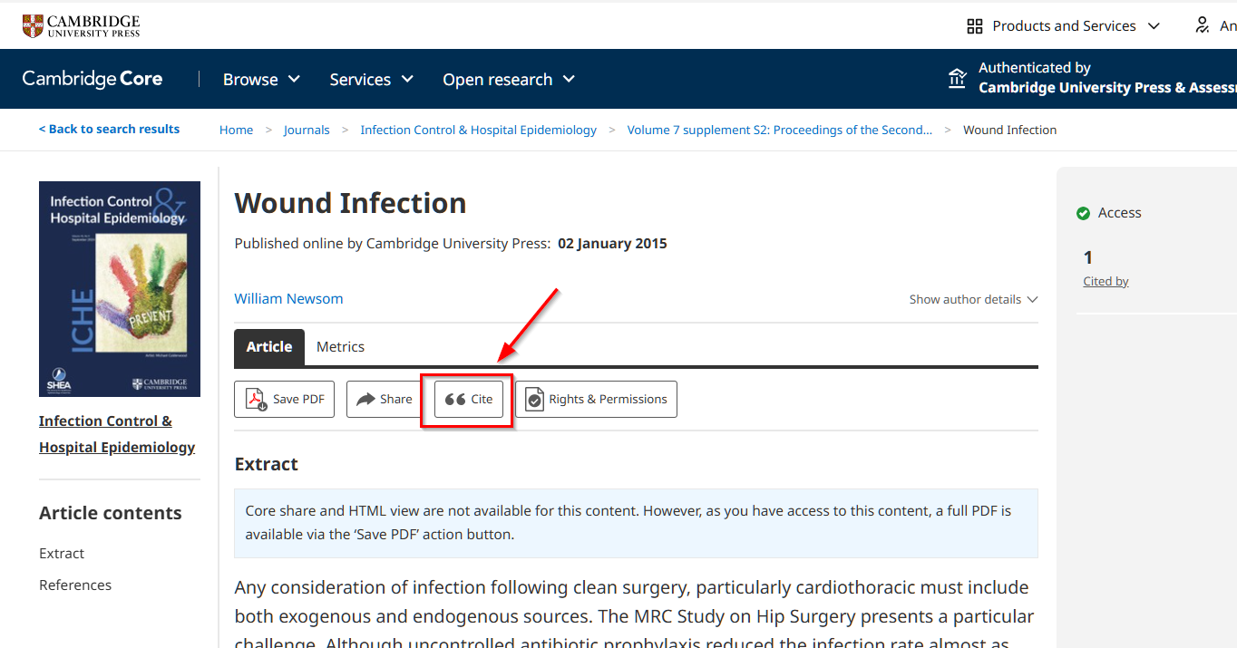Screenshot showing 'cite' button on journal article