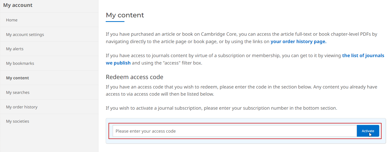Screenshot showing how to redeem an access code