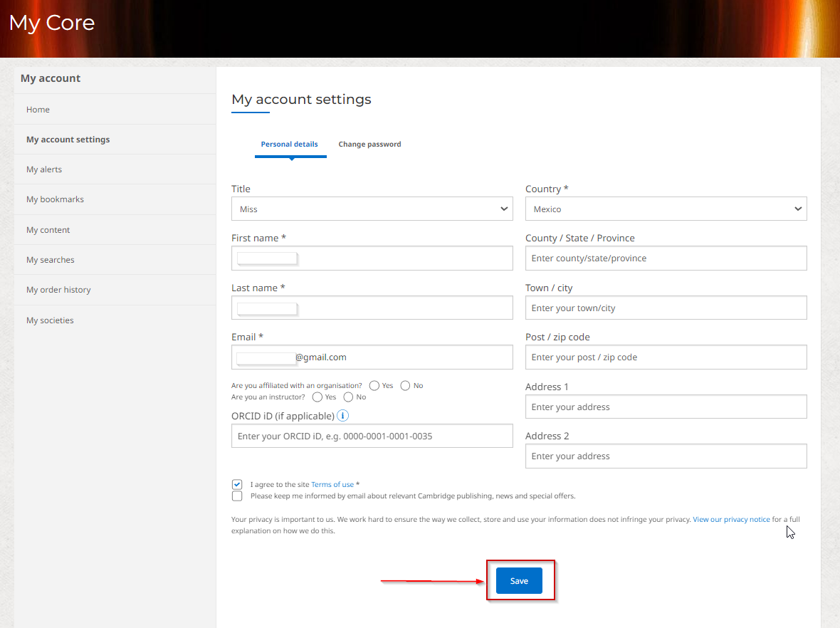 Screenshot showing how to save changes to account