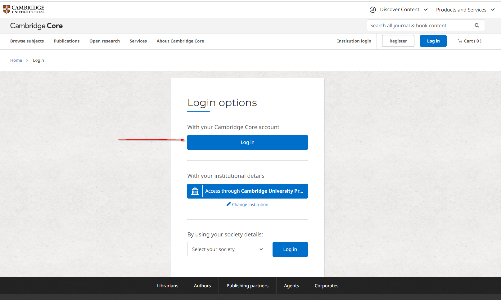Screenshot showing Cambridge Core login page