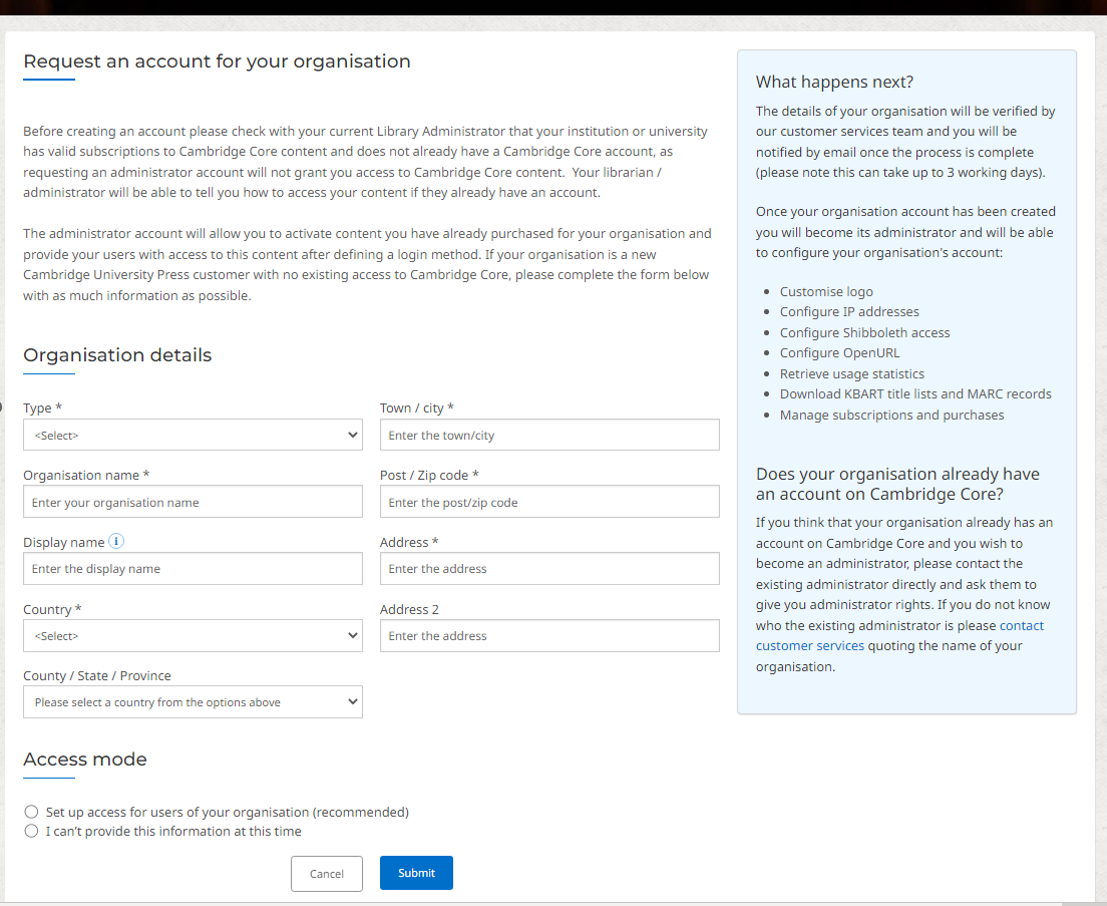 Screenshot of the request an account for your organisation form continued