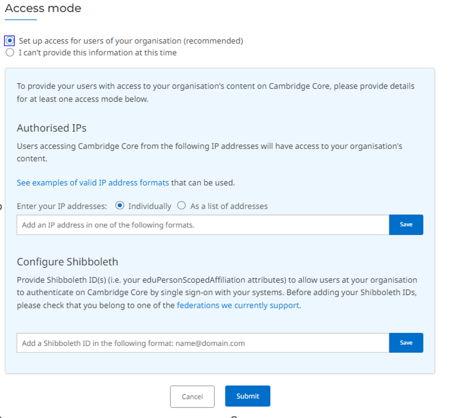 Screenshot showing IP-Shibboleth-Open Athens access modes