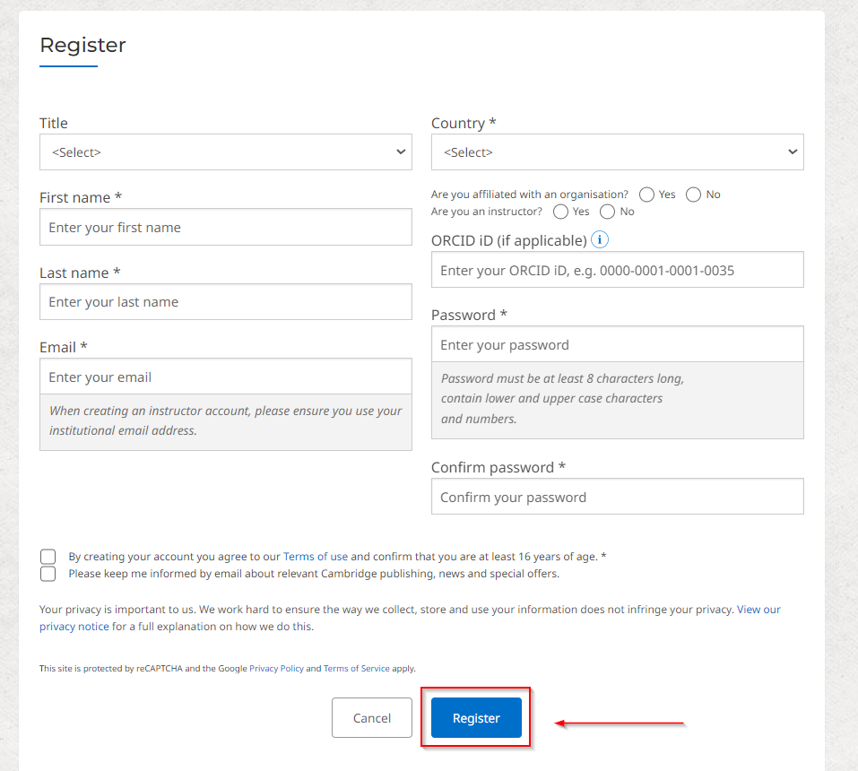 Screenshot showing the 'register' button on the registration page