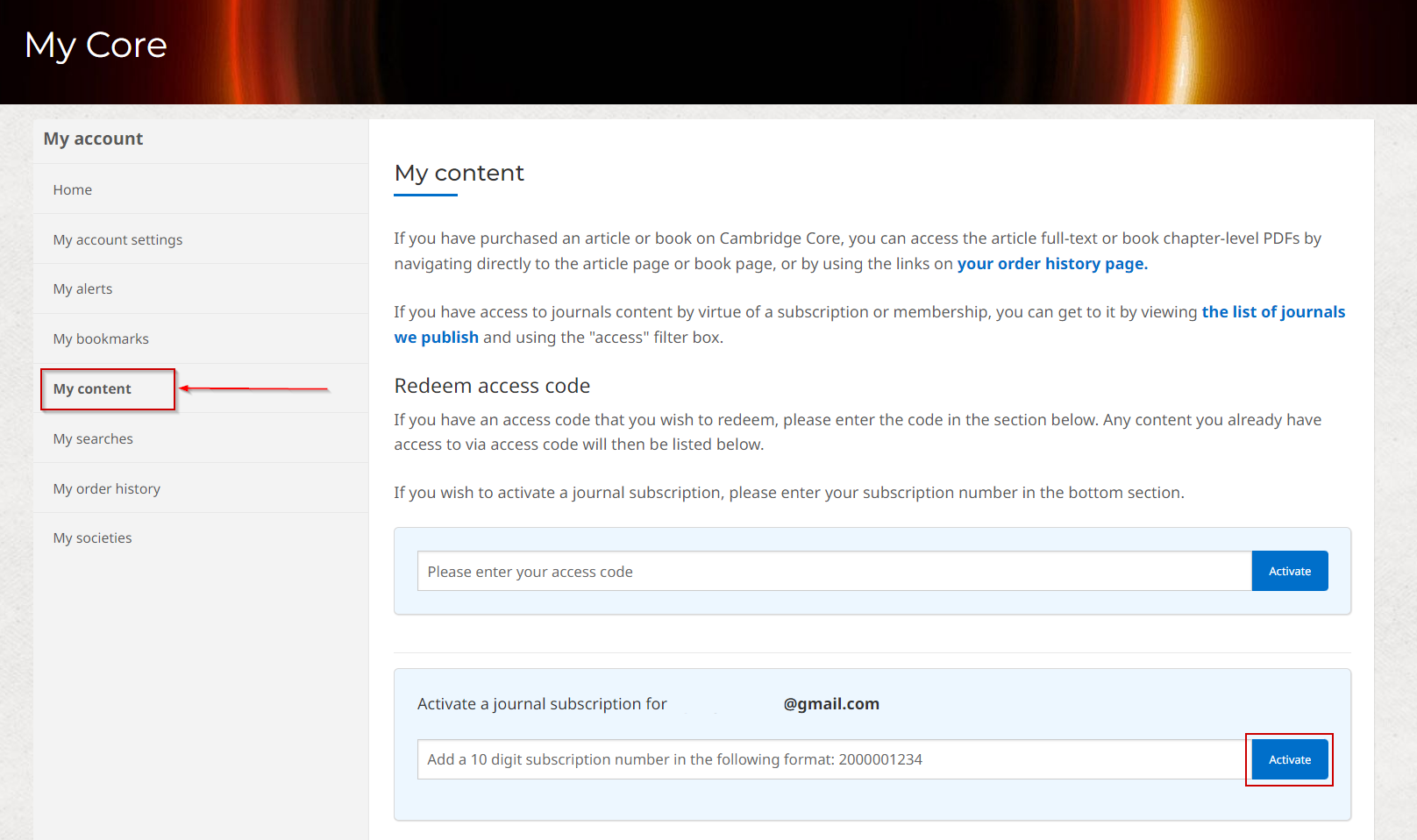 Screenshot showing where to find 'My content' in your account