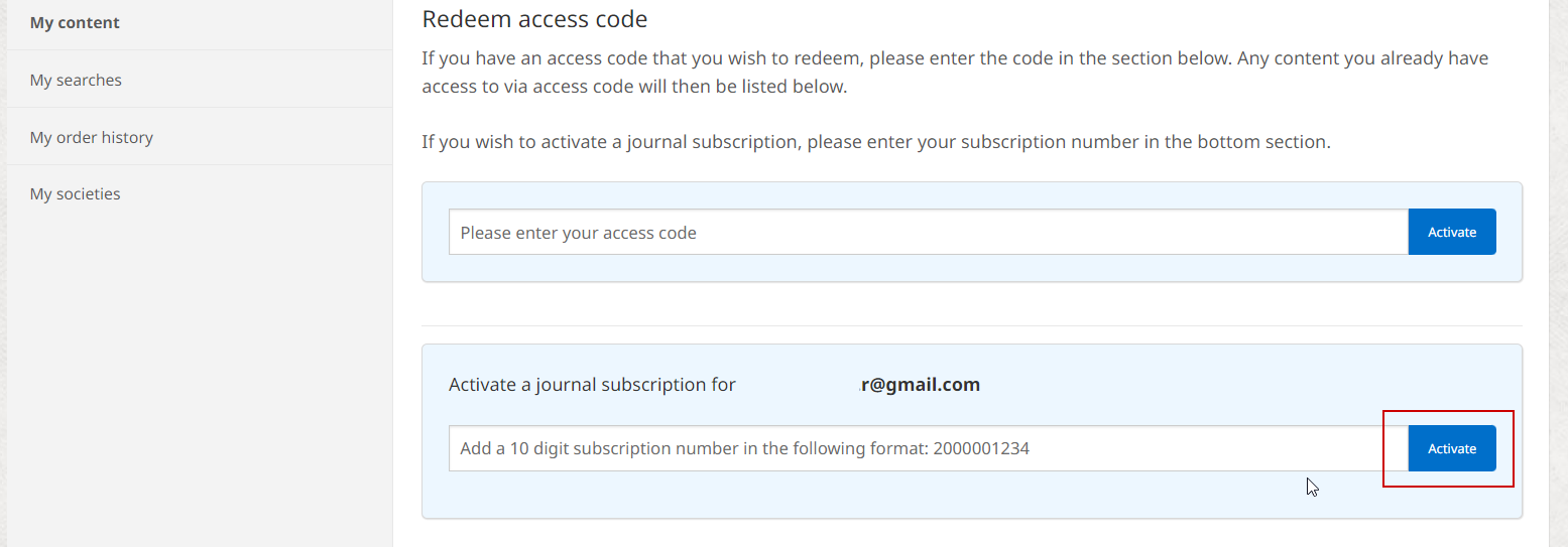 Screenshot showing where to activate your journal subscription