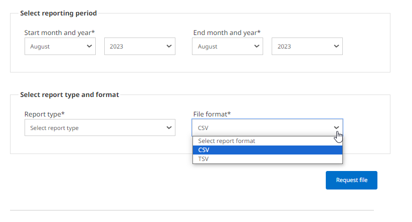 Screenshot showing options for report type and format