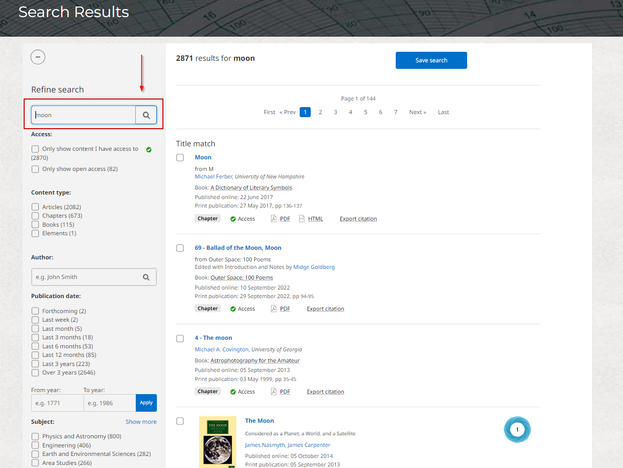 Screenshot showing 'refine search' option on Cambridge Core