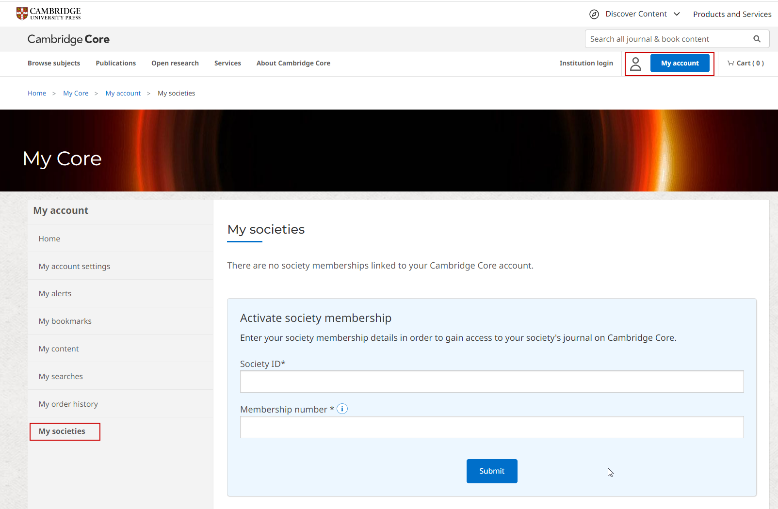 Screenshot showing 'my societies' under 'my account'