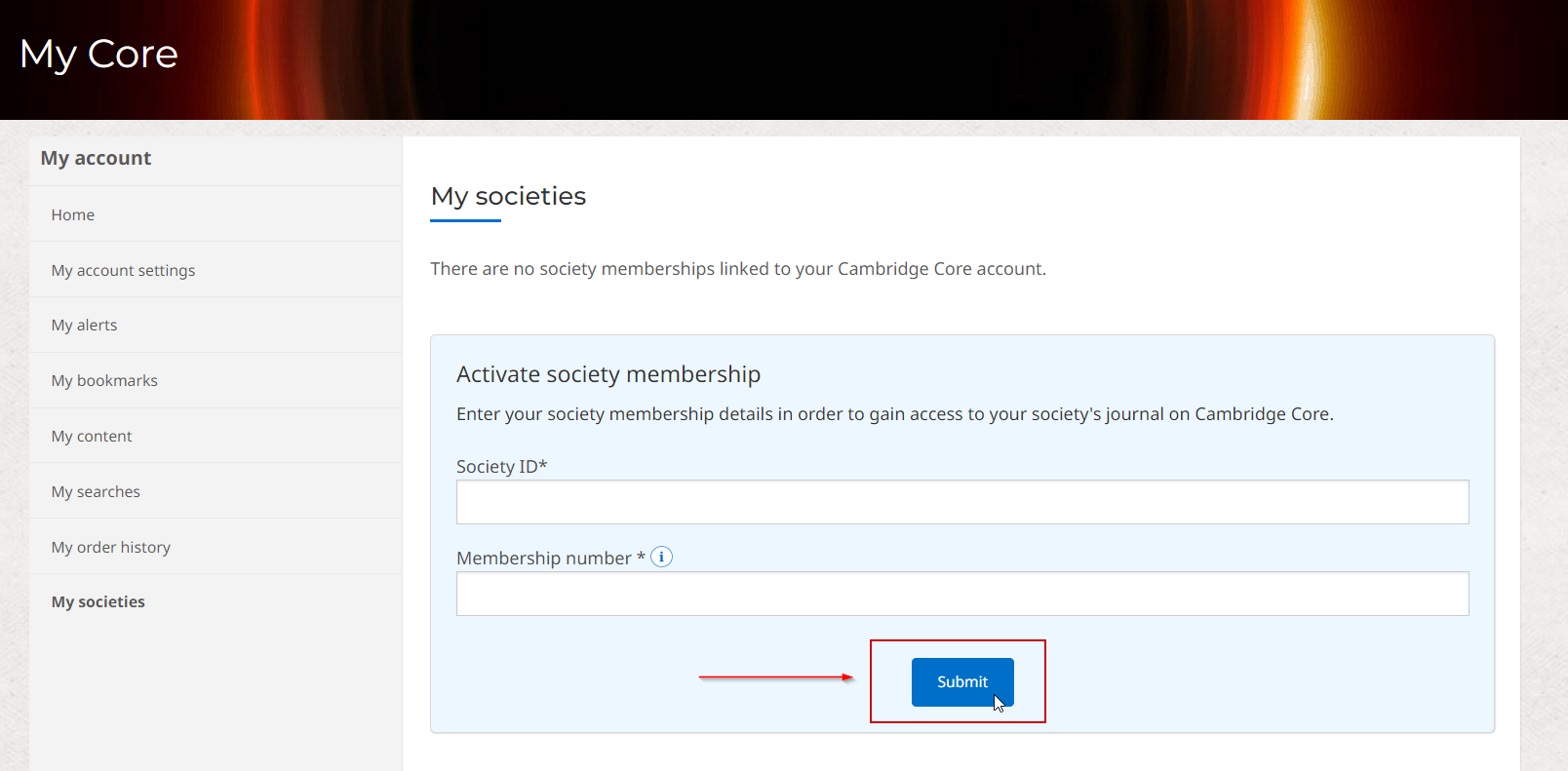Screenshot showing where to enter society ID and membership number