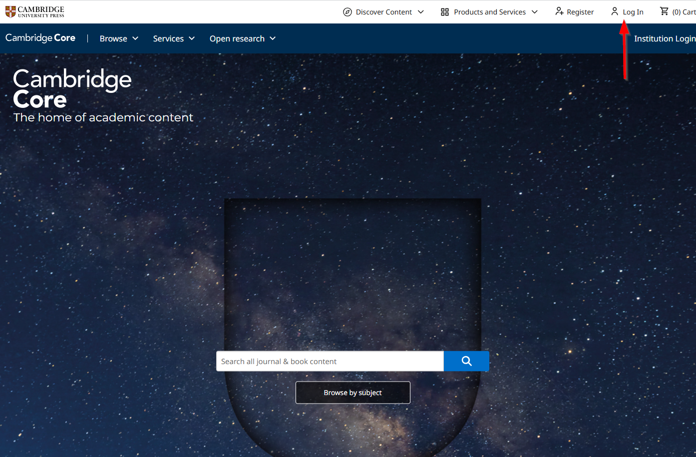 Screenshot showing Cambridge Core page showing with a red arrow in the top right side of the screen the Log in button