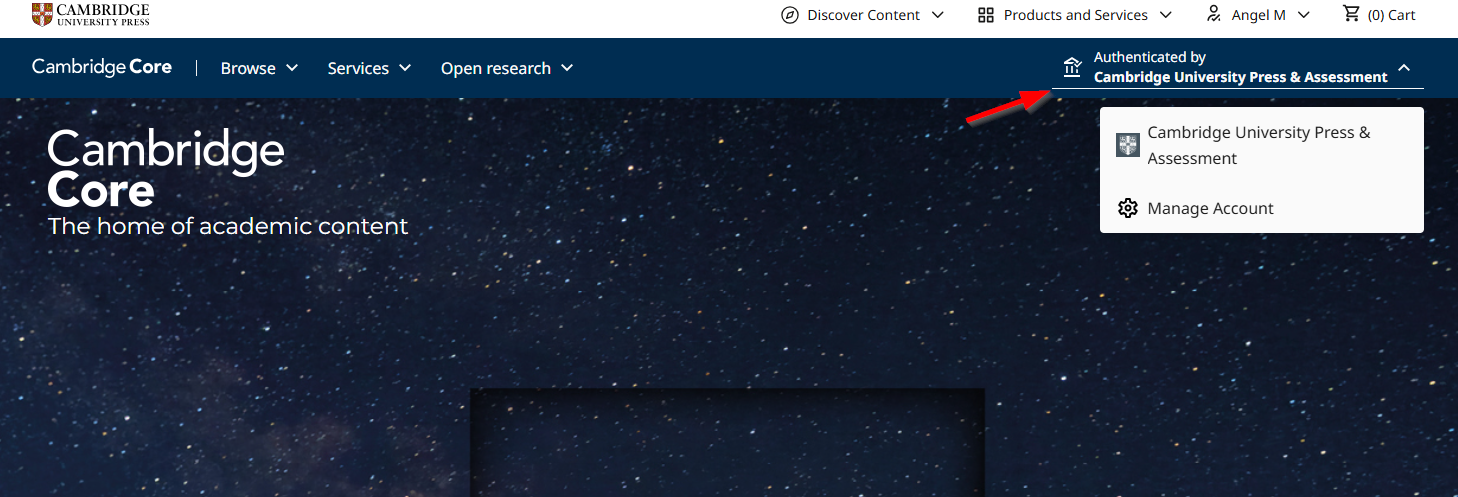 Screenshot showing with a red arrow pointing to the "Authenticated by" banner showing the institution name