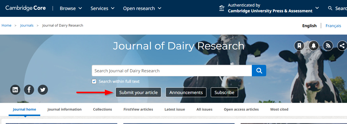 Screenshot Showing with a red arrow the position of the button "Submit your article" in the middle of the page.