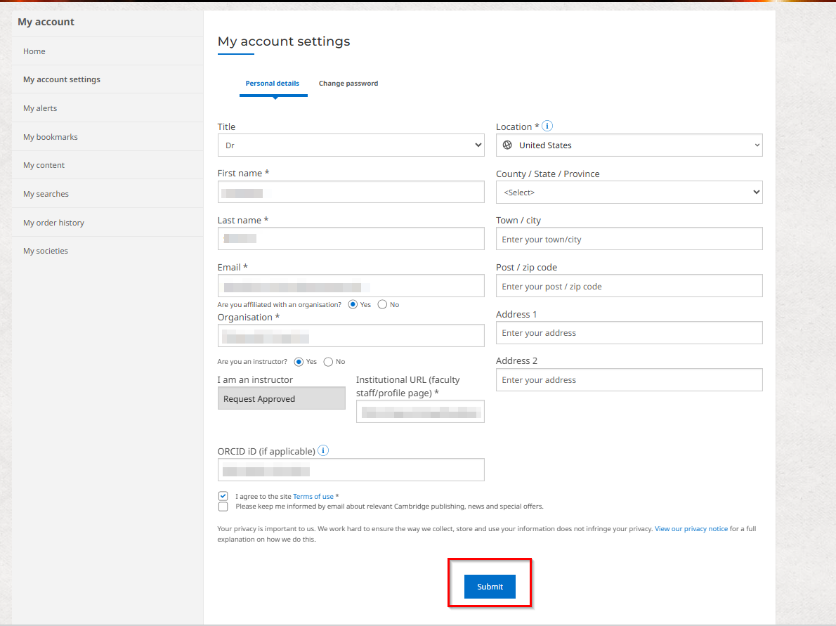 Screenshot showing the 'Submit' button at the lower place in the middle of the page. 