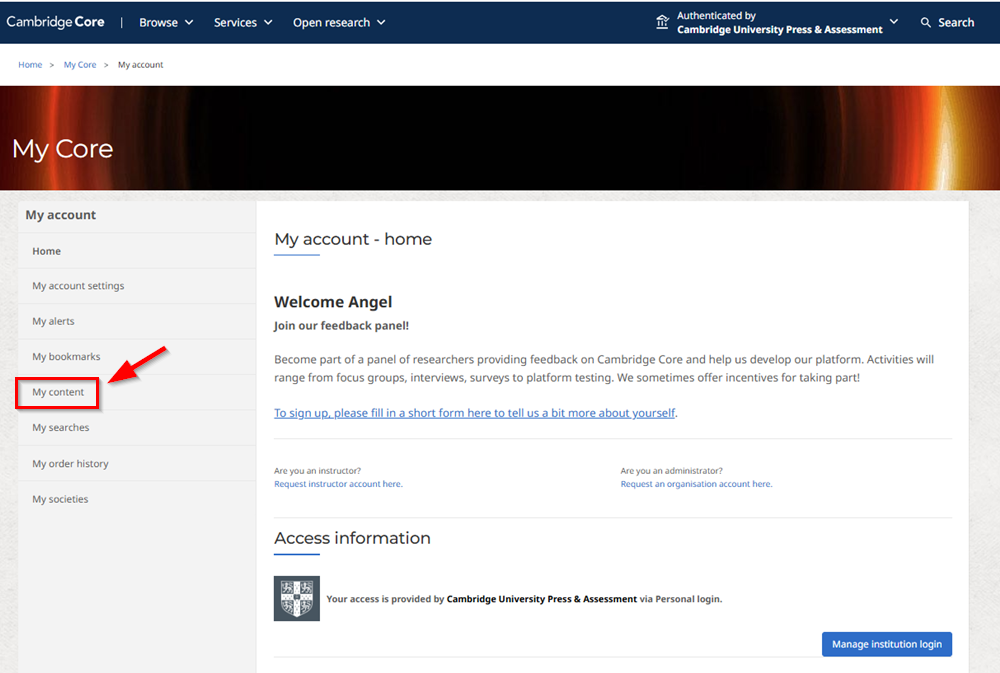 Screenshot showing 'My content' button on a customers account located at the left side of the screen