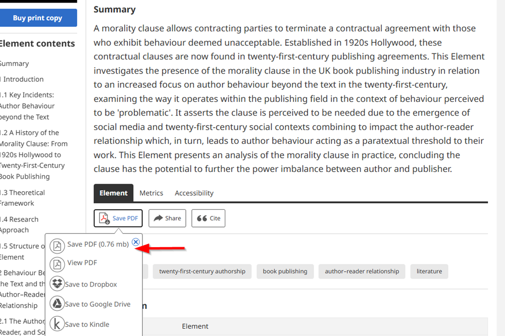 Screenshot showing the 'pdf' button options when purchased or have access to content